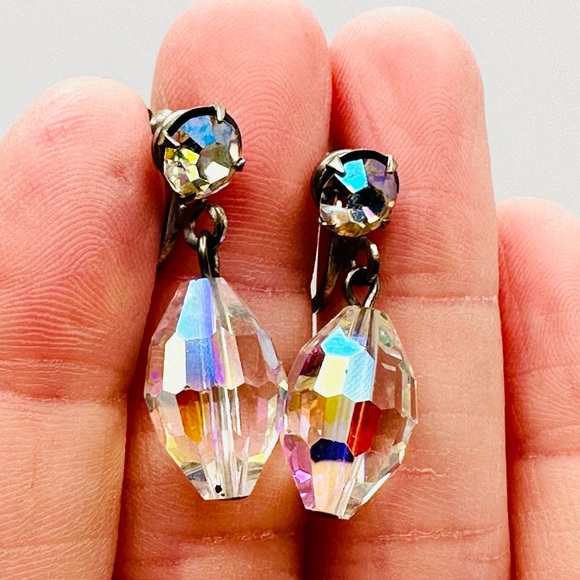 Vintage Mid Century AB Earrings Screw Back Drop Dangle Bling Sparkly Wedding - Picture 2 of 7